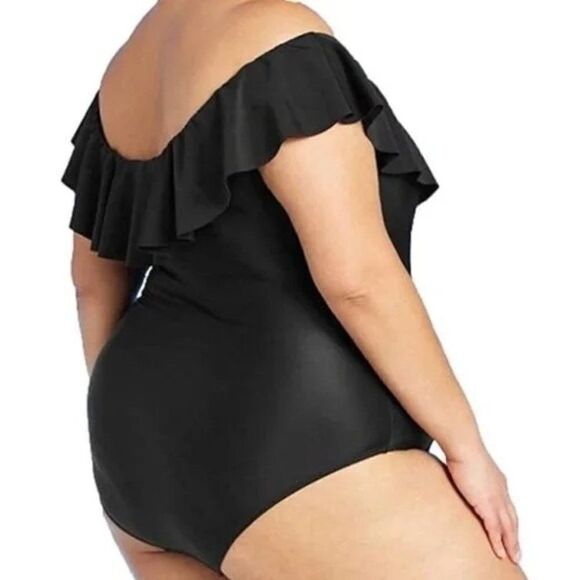 Kona Sol Swimsuit Off The Shoulder Ruffled One Piece Black Plus 20W - Picture 2 of 11